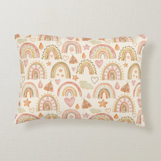 かわいいボーホレインボウズ柄カスタムモノグラム名 アクセントクッション (裏面)