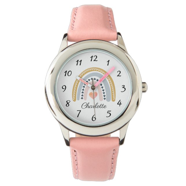 かわいいボーホーガールの名前の水彩レインボー 腕時計 (正面)