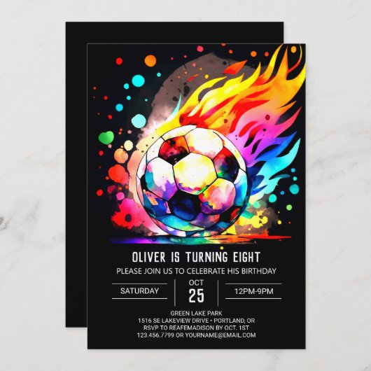 かわいいボール印刷用サッカー誕生日 招待状 (正面/裏面)