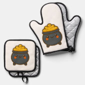 かわいいポット金ゴールド 鍋つかみ&鍋敷きセット (正面/裏面)