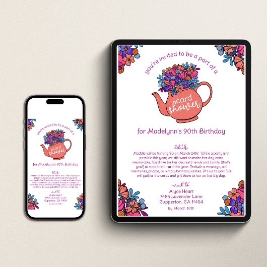 かわいいポット 90歳の誕生日カード シャワーメールで 招待状