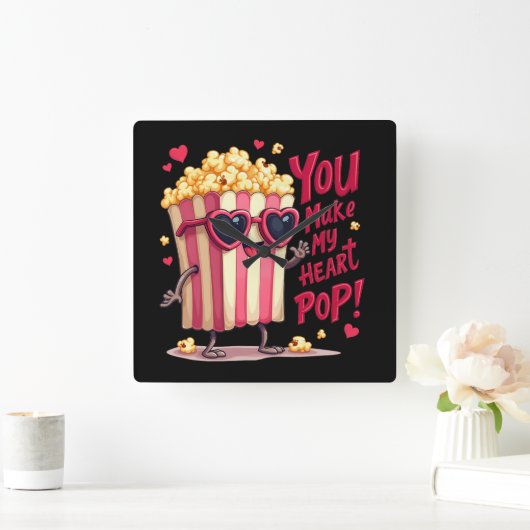 かわいいポップコーンのバレンタイン私のハートポップ・アートの! スクエア壁時計 (ホーム)