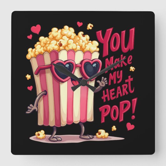 かわいいポップコーンのバレンタイン私のハートポップ・アートの! スクエア壁時計 (正面)