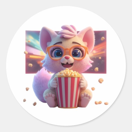 かわいいポップコーンの子猫ステッカー ラウンドシール (正面)