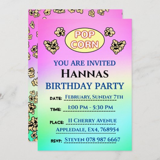 かわいいポップコーン羊の子供の誕生日パーティー 招待状 (正面/裏面)