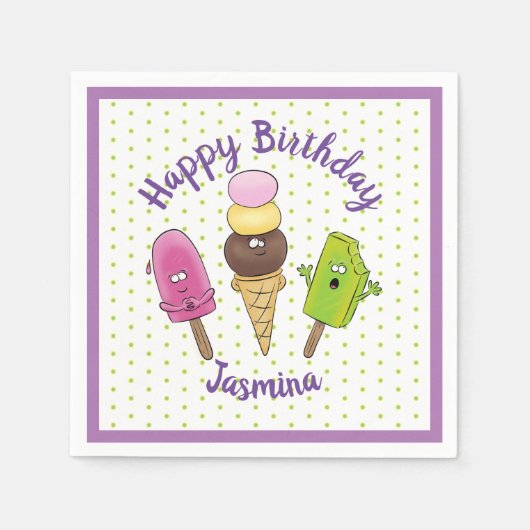 かわいいポップシクルとアイスクリームの漫画イラストレーション スタンダードカクテルナプキン (正面)