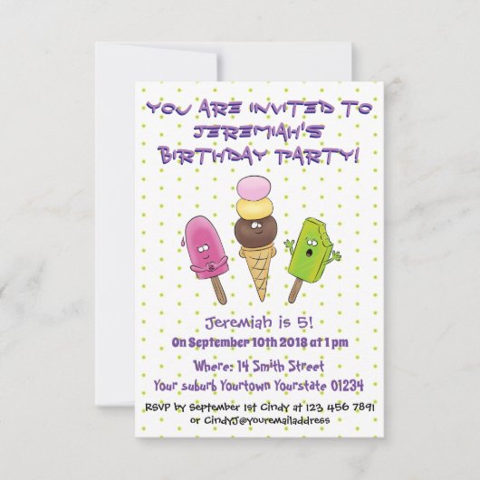かわいいポップシクルとアイスクリームの漫画イラストレーション 招待状 (正面)
