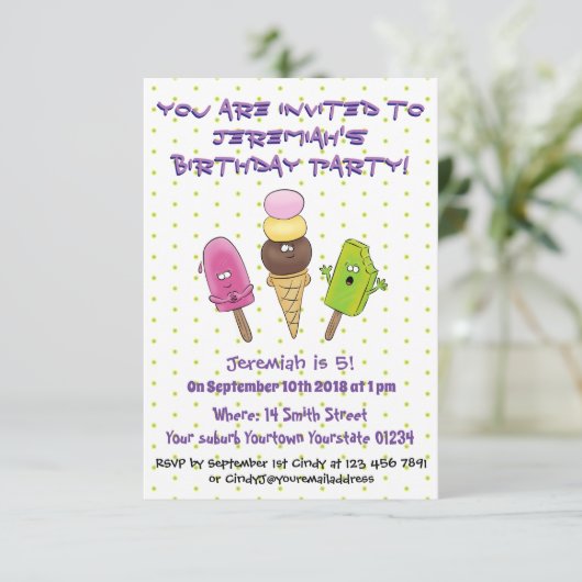 かわいいポップシクルとアイスクリームの漫画イラストレーション 招待状 (スタンド正面)