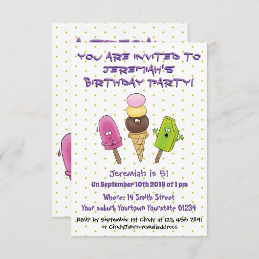 かわいいポップシクルとアイスクリームの漫画イラストレーション 招待状 (正面/裏面)