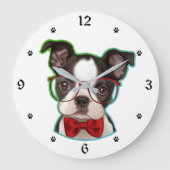 かわいいポップ・アートのアートヒップスターボストンテリア犬 ラージ壁時計 (正面)
