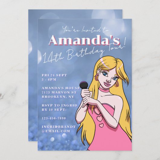 かわいいポップ・アートのマンガ音楽ブルー14誕生日 招待状 (正面/裏面)