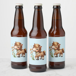 かわいいポニーがデイジーを食べている ビールラベル