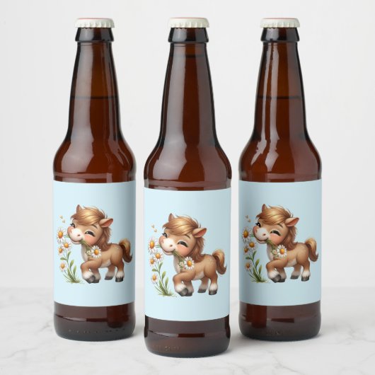 かわいいポニーがデイジーを食べている ビールラベル (ボトル)