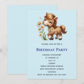 かわいいポニーがデイジーを食べながら乗馬する誕生日 招待状 (正面/裏面)