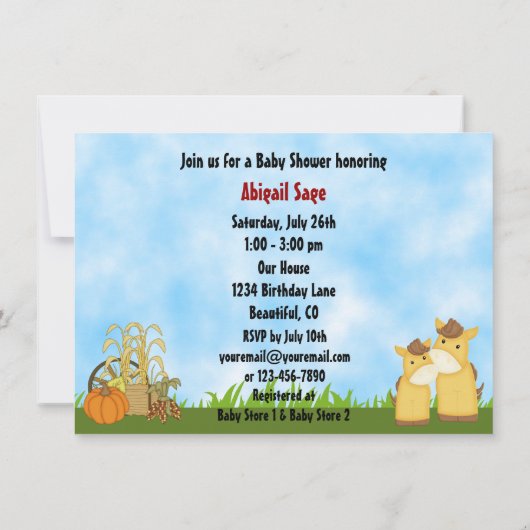 かわいいポニーと納屋の秋の馬の赤ちゃんシャワー 招待状 (裏面)