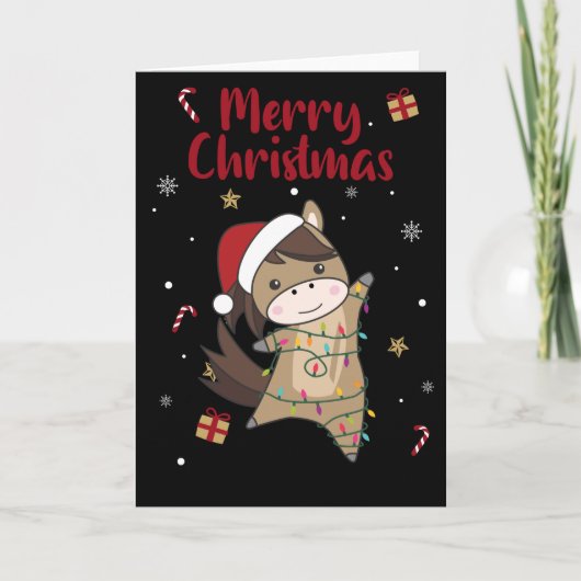 かわいいポニーと馬のクリスマス 雪と冬の動物 カード (正面)