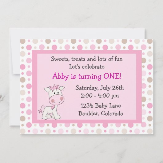 かわいいポニーの1歳の誕生日パーティー招待状（女の子向け） 招待状 (正面)