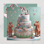 かわいいポニーをテーマにしたお誕生日ケーキ 招待状 (正面/裏面)