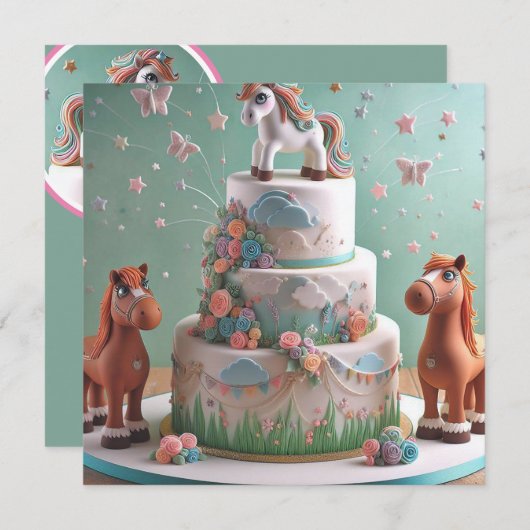 かわいいポニーをテーマにしたお誕生日ケーキ 招待状 (正面/裏面)