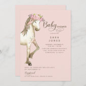 かわいいポニーウォーターカラーピンクベビーシャワーII 招待状 (正面/裏面)