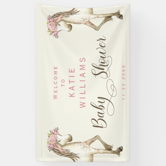 かわいいポニークリームベビーシャワー歓迎サインバナー 横断幕 (縦)