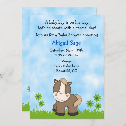 かわいいポニーベビーシャワー招待状for boys 招待状 (正面/裏面)