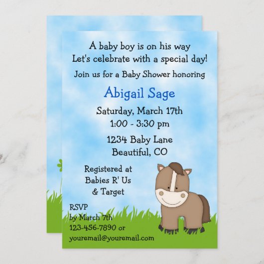 かわいいポニーベビーシャワー招待状for boys 招待状 (正面/裏面)