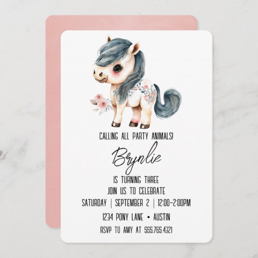 かわいいポニー誕生日ホワイトピンク 招待状 (正面/裏面)