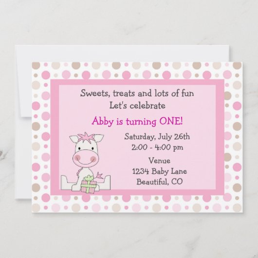 かわいいポニー1歳の誕生日招待状for Girls 招待状 (正面)