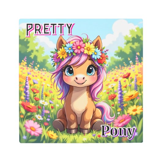 かわいいポニー | 子供部屋にぴったりなかわいいイラスト メタルプリント (正面)