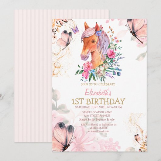 かわいいポニー 花 ちょうちょ 誕生日 インビテーション (正面/裏面)