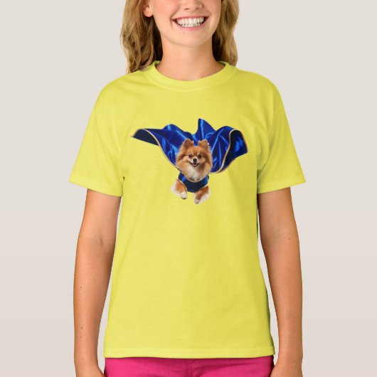 かわいいポメラニアンのスーパーヒーロー キッズTシャツ Tシャツ (正面)