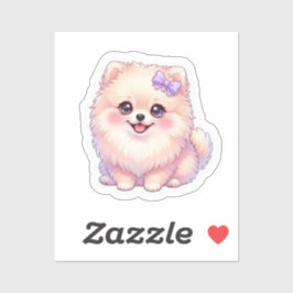 かわいいポメラニアンの仔犬の紫色のリボンのパステルカラー シール