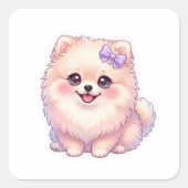 かわいいポメラニアンの仔犬の紫色のリボンのパステルカラー スクエアシール (正面)