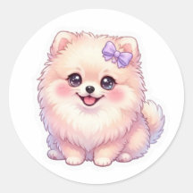 かわいいポメラニアンの仔犬の紫色のリボンのパステルカラー