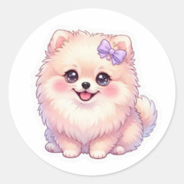 かわいいポメラニアンの仔犬の紫色のリボンのパステルカラー ラウンドシール