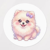 かわいいポメラニアンの仔犬パステルパープルリボン ラベル (デザイン1)