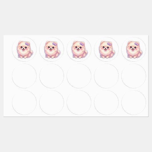かわいいポメラニアンの仔犬パステルパープルリボン ラベル (シート)