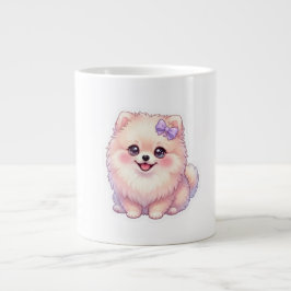 かわいいポメラニアンの仔犬パープルのリボンパステル ジャンボコーヒーマグカップ