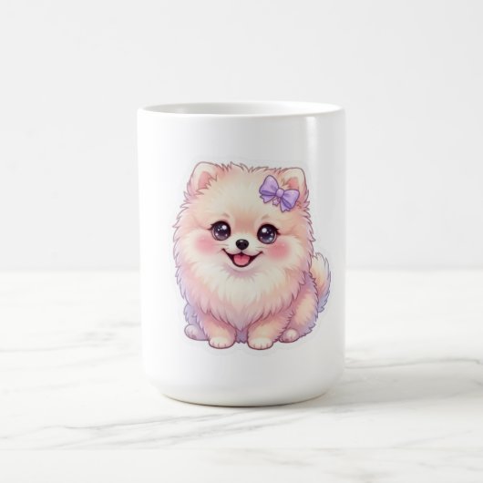 かわいいポメラニアンの仔犬紫色のリボンパステル コーヒーマグカップ (中央)