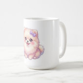 かわいいポメラニアンの仔犬紫色のリボンパステル コーヒーマグカップ (正面右)