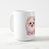 かわいいポメラニアンの仔犬紫色のリボンパステル コーヒーマグカップ (正面左)