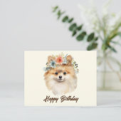 かわいいポメラニアンの誕生日 犬 花付き ポストカード (スタンド正面)