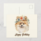 かわいいポメラニアンの誕生日 犬 花付き ポストカード (正面/裏面)