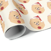 かわいいポメラニア犬とサンタハットパターンクリスマス ラッピングペーパー (ロールコーナー)