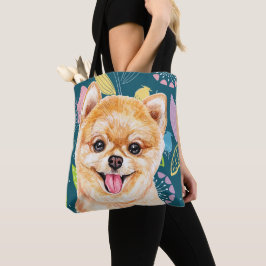 かわいいポメラニア犬カラフルの花 トートバッグ