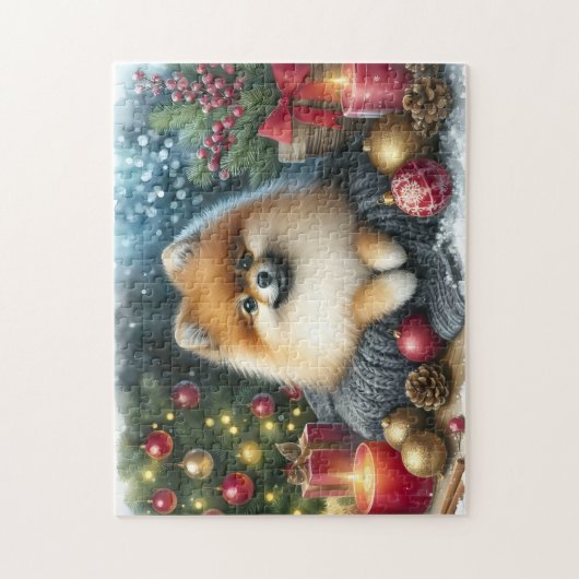 かわいいポメラニア犬コージーウォーターカラーウィンターアート ジグソーパズル (縦)