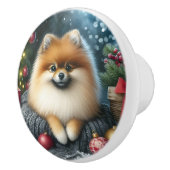 かわいいポメラニア犬コージーウォーターカラーウィンターアート セラミックノブ (右)