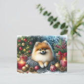 かわいいポメラニア犬コージーウォーターカラーウィンターアート ポストカード (スタンド正面)