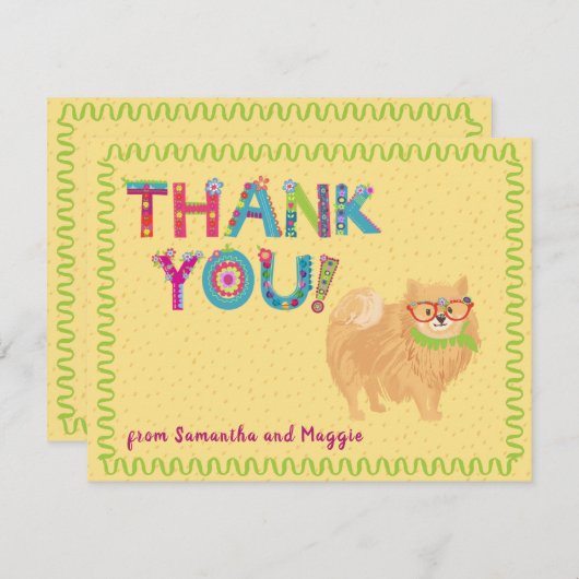 かわいいポメラニア犬ドッグおもしろいカラフルフローラ サンキューカード (正面/裏面)